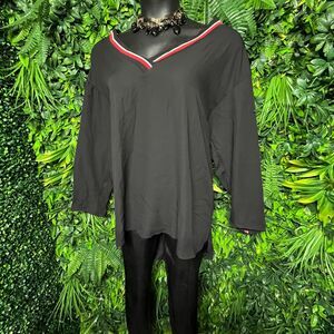 NEW LOOK Women Tops 2X Black Long Sleeve Striped Detail Sheer Relaxed 1442